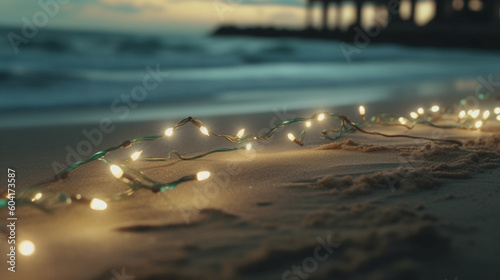 Beach-style background adorned with decorative holiday lights, evoking a coastal charm Generative AI