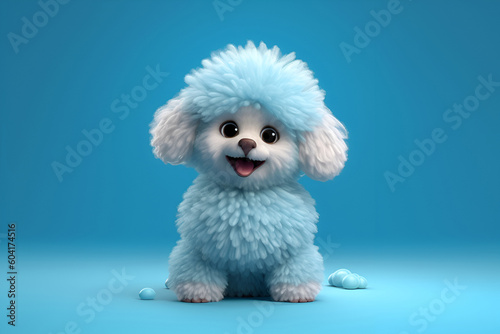 Cute poodle cartoon character, blue and white color fluffy toy poodle dog on blue gradient background. Generative AI © Aliaksandra