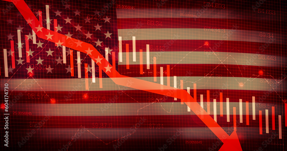 United States of America market crash concept background with red alarming graph and arrow going down. US stock market crash concept backdrop