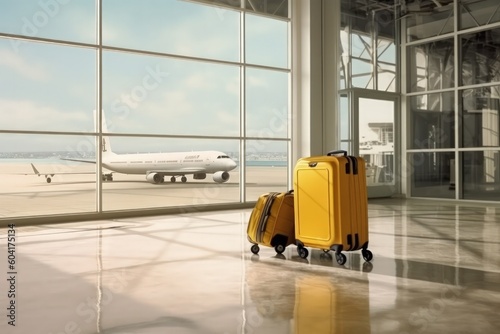 Yellow suitcase in airport. Illustration AI Generative.