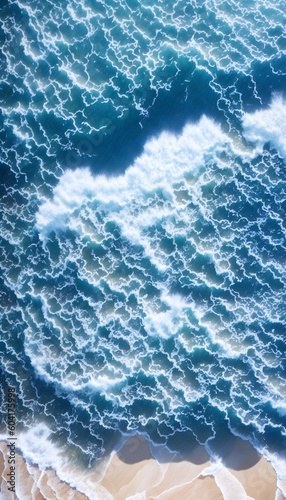 Ocean waves on the beach as a background. Beautiful natural summer vacation holidays background. Aerial top down view of beach and sea with blue water waves. Generative Ai