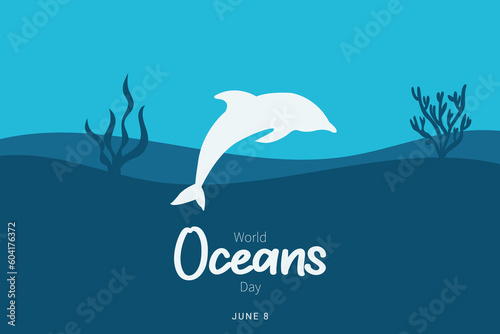 underwater ocean background, Black silhouettes swimming sea fish with corals and vector plants.