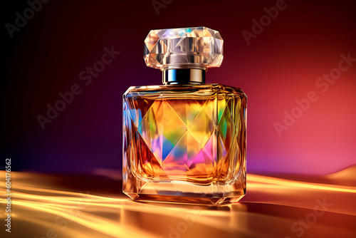 Elegant perfume bottle on bright colored background with shadows and lights. Cosmetics, fragrance and perfumery concept. Generativa AI Generative AI