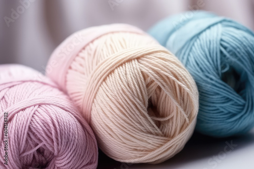 Close Up zoom of yarn balls. Rainbow pastel colors. Yarn for knitting. Skeins of yarn. Knitting needles, colorful threads. Knitting wallpaper background. Generative AI professional photo imitation.