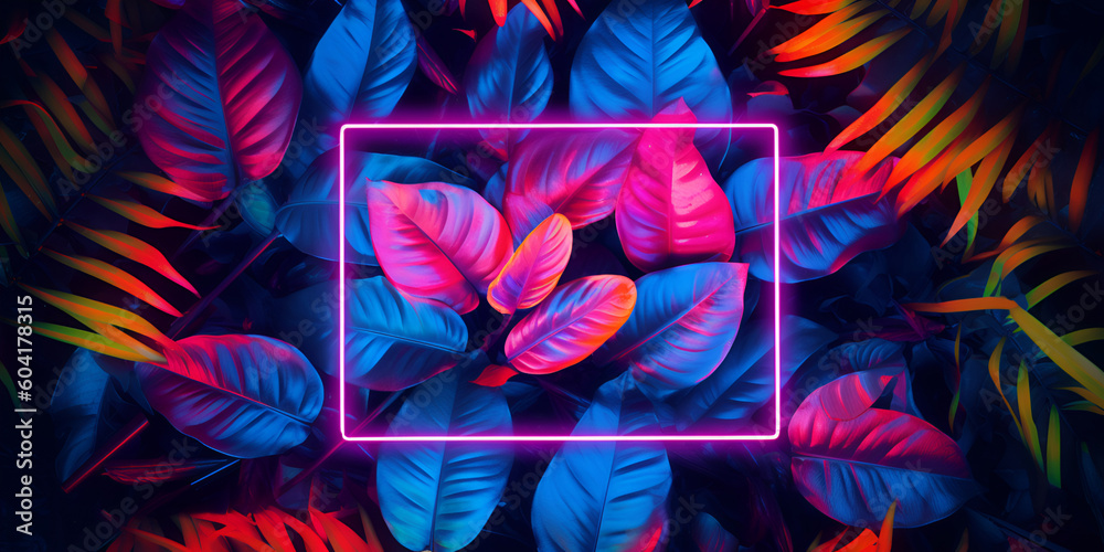 tropical plants and leaves vivid neon background with bright pink frame ...