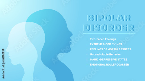 Metaphor Bipolar disorder mind mental. two face feeling. Split personality, Extreme Mood swings 2 people head silhouette. Dual personality disorder concept. Mental heath banner.
