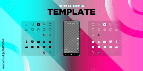 Social media landing concept, Social media template. App interface with set of icons and transparent screen, Space for photo or video. EPS 10 vector illustration.