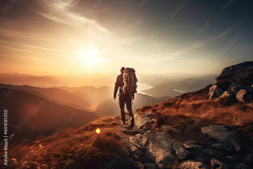 Silhouette of a hiker on a mountain top created with Generative AI