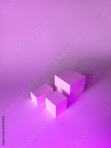 Realistic pink stand podium with square overlay background. Luxury geometric forms. Abstract minimal scene for mockup products, square stage for showcase, promotion display.