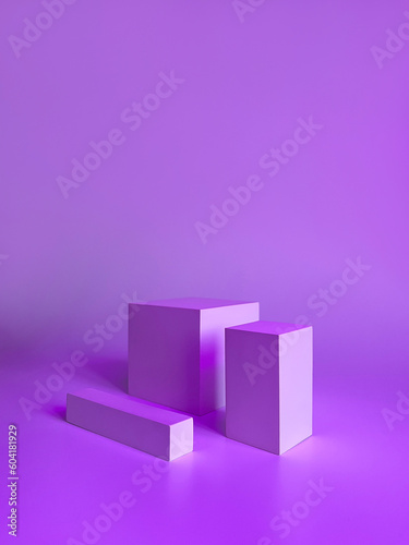 Violet stand podium with square overlay background. Luxury geometric forms. Abstract minimal scene for mockup products, square stage for showcase, promotion display.