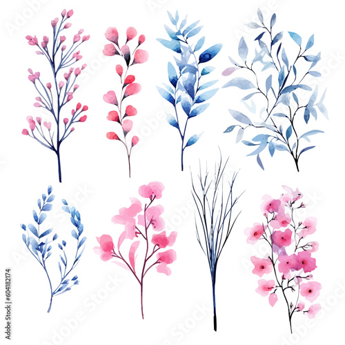 Set of pink and blue floral watecolor. flowers and leaves. Floral poster  invitation floral. Vector arrangements for greeting card or invitation design