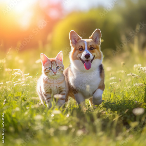 Furry friends red cat and corgi dog exploring outdoor together. Created using AI tools