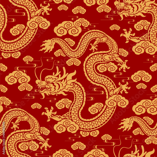Seamless pattern happy chinese new year 2024 the dragon zodiac sign with asian elements paper cut style on color background. ( Translation : happy new year 2024 year of the dragon )