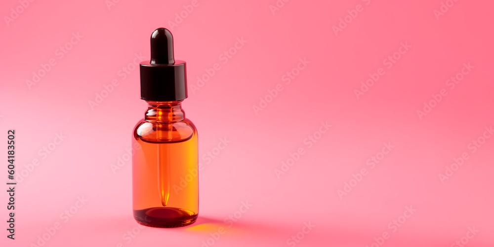 Cosmetic glass dropper on a pink background with copy space. Generative AI Cosmetic glass dropper on a pink background with copy space. Generative AI