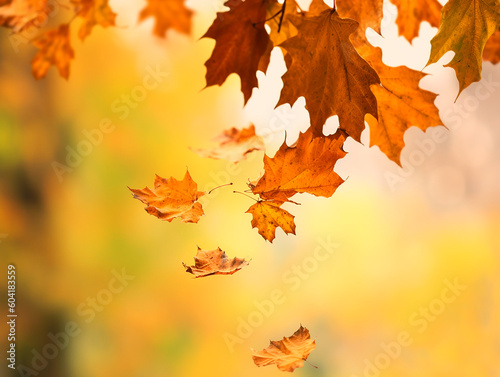 Autumn leaves falling from a tree on an blurred background. Generative AI