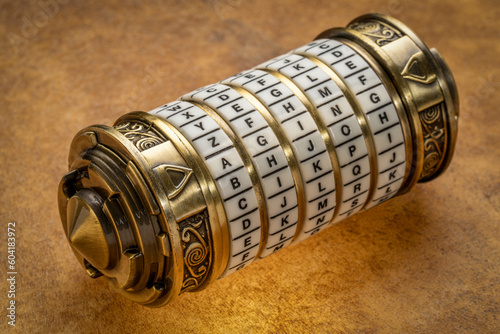 aging word as a password to combination puzzle box with rings of letters, cryptography and lifestyle concept