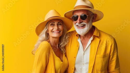 Senior smiling couple posing together over yellow background. Generative AI.