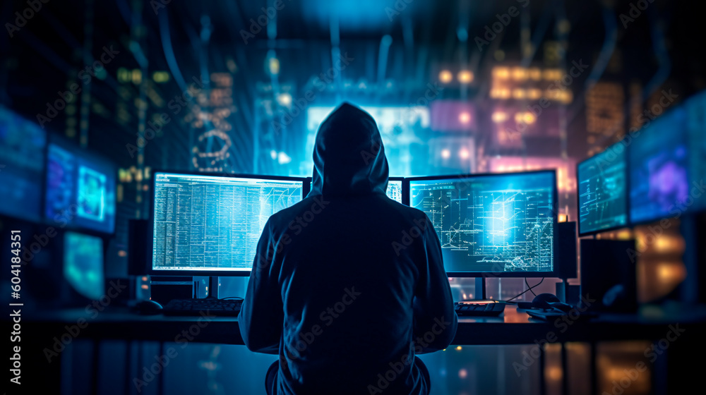 Anonymous hacker, shrouded in a hoodie, seated before a prominent monitor, engrossed in the act of hacking with lines of intricate code. Cybersecurity, Cybercrime, Cyberattack, Generative AI Anonymous hacker, shrouded in a hoodie, seated before a prominent monitor, engrossed in the act of hacking with lines of intricate code. Cybersecurity, Cybercrime, Cyberattack, Generative AI