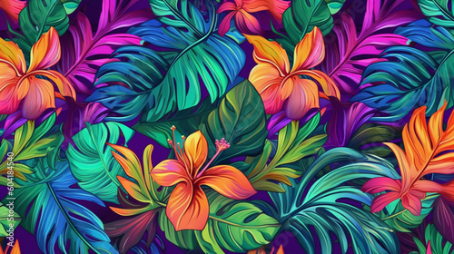 Jungle leaf pattern, hawaiian, hibiscus, neon bright colorful. AI generative