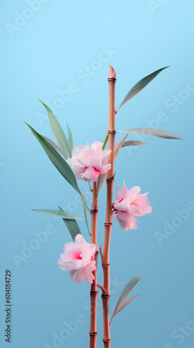 Light blue bamboo, light pink flowers, minimalist image. AI generative
