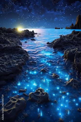 Ocean shore at night, the water is full of dinoflagellates, glowing with millions bright blue neon glow in the dark tiny dots. AI generative © SANGHYUN