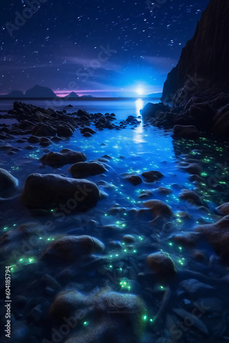 Ocean shore at night, the water is full of dinoflagellates, glowing with millions bright blue neon glow in the dark tiny dots. AI generative