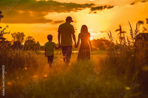 Silhouette of happy family walking in the meadow at sunset. AI generative © SANGHYUN