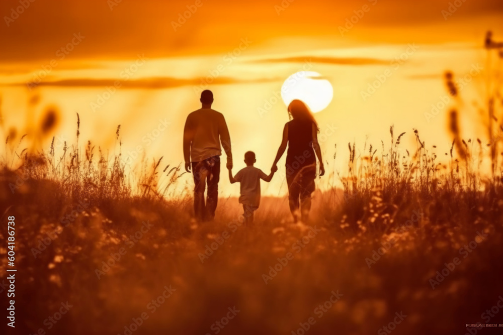 Silhouette of happy family walking in the meadow at sunset. AI generative