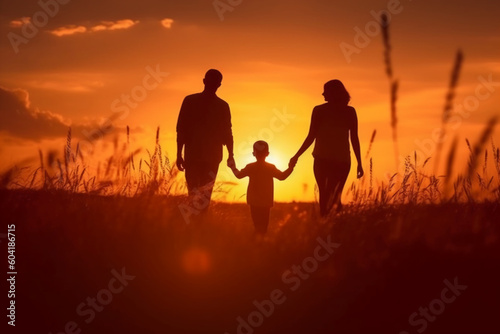 Silhouette of happy family walking in the meadow at sunset. AI generative