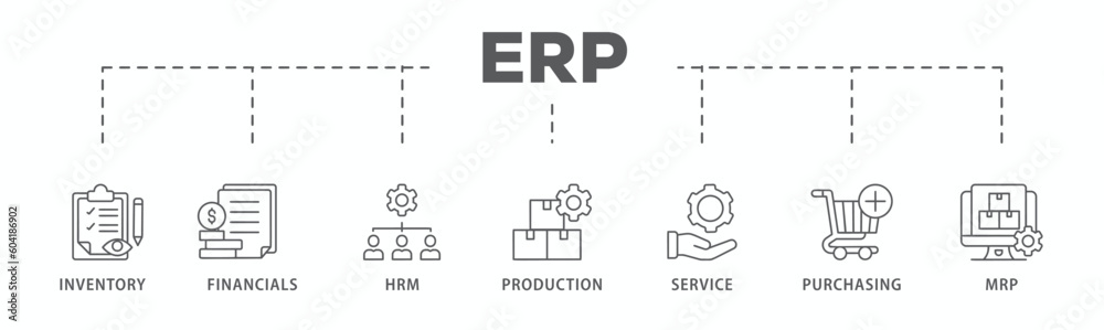 ERP banner web icon vector illustration concept for enterprise resource planning with icon of inventory, financials, hrm, production, service, purchasing, and mrp
ERP banner web icon vector illustration concept for enterprise resource planning with icon of inventory, financials, hrm, production, service, purchasing, and mrp