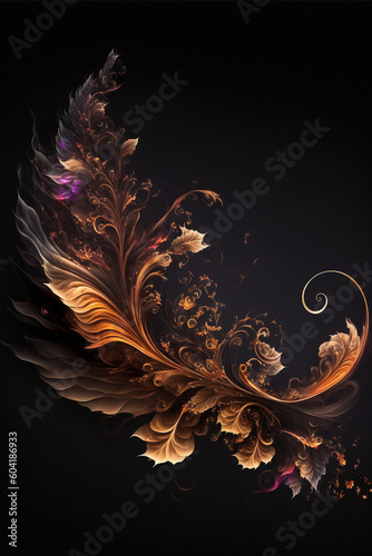 Golden leaves flying with smoke on a dark background, AI art, florist card