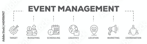Event management banner web icon vector illustration concept with icon of target, budgeting, scheduling, logistics, location, marketing, and coordination
