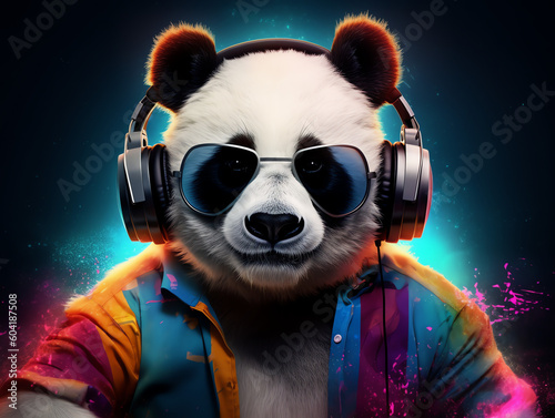 Music dj panda with sunglasses and headphones - Colorful neon background - Generative AI