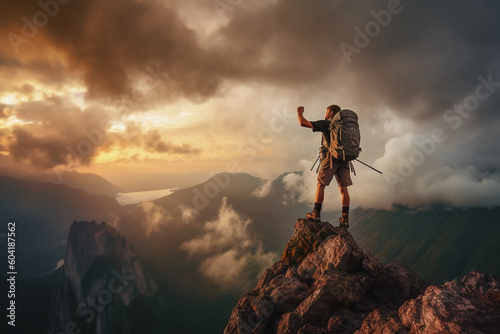 Successful hiker hiking a mountain pointing to the sunset. AI generative