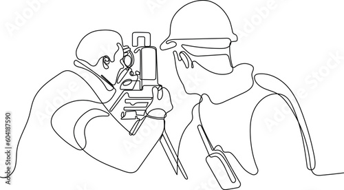 Close up of Caucasian worker with helmet on head using tablet for work while standing in warehouse. Surveyor with a tripod icon. Geodesic tripod. Vector illustration