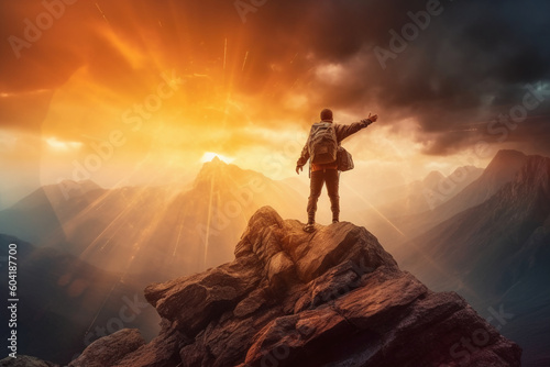 Successful hiker hiking a mountain pointing to the sunset. AI generative