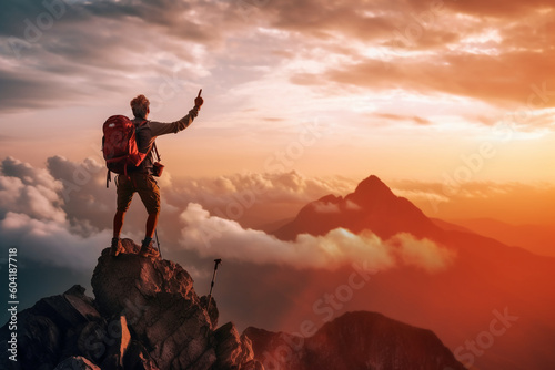 Successful hiker hiking a mountain pointing to the sunset. AI generative