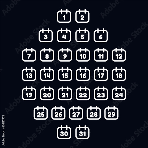 Vector white calendar icons by month dates. Day 1, 2, 3, 4, 5, 6, 7, 8, 9, 10, 11, 12, 13, 14, 15, 16, 17, 18, 19, 20, 21, 22, 23, 24, 25, 26, 27, 28, 29, 30, 31. Numbers of the month from 1 to 31. photo