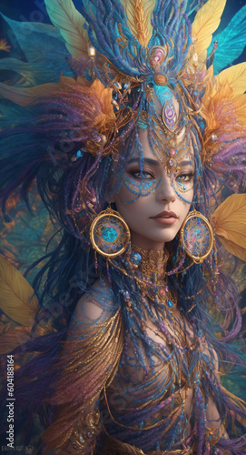 ultra detailed portrait of a woman / shaman with beautiful hairdress and feathery accents, colorful spirutual wallpaper 8k, digital art, generative ai, generative person photo