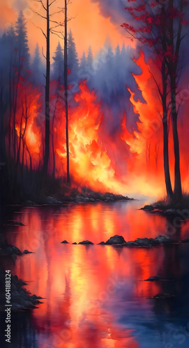 strong and massive inferno spreading through the forest  illustration of landscape in oil painting style  digital art  wallpaper  8k resolution  generative ai