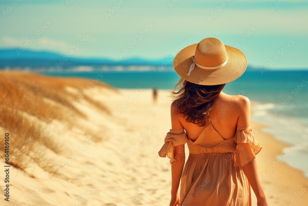 Woman on the beach near the sea, view from the back. Travel concept. AI generated, human enhanced