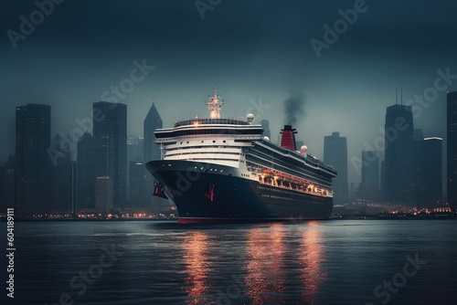 The cruise ship leaves the city harbor at night. AI generated, human enhanced. © top images