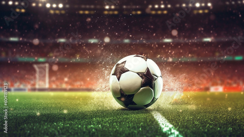 Soccer ball on stadium, football arena banner background in neon light ai generative  © adel
