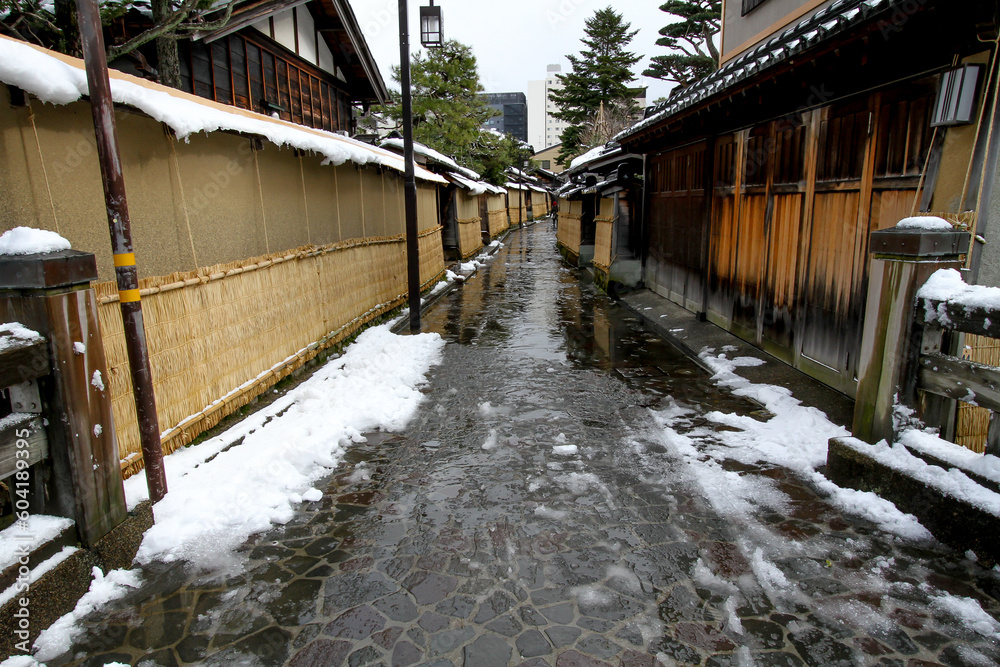 A historic street with samurai residences in Kanazawa, Japan in winter