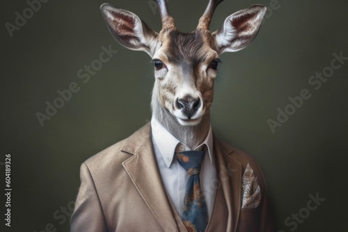 Anthropomorphic deer dressed in a suit like a businessman. business concept. AI generated  human enhanced