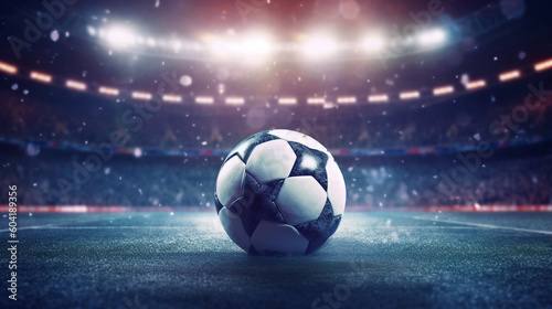 Soccer ball on stadium  football arena banner background in neon light ai generative 
