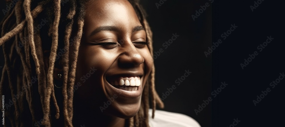 Portrait of a african woman with dreadlocks smiling at the camera in a studio. AI generated, human enhanced Portrait of a african woman with dreadlocks smiling at the camera in a studio. AI generated, human enhanced