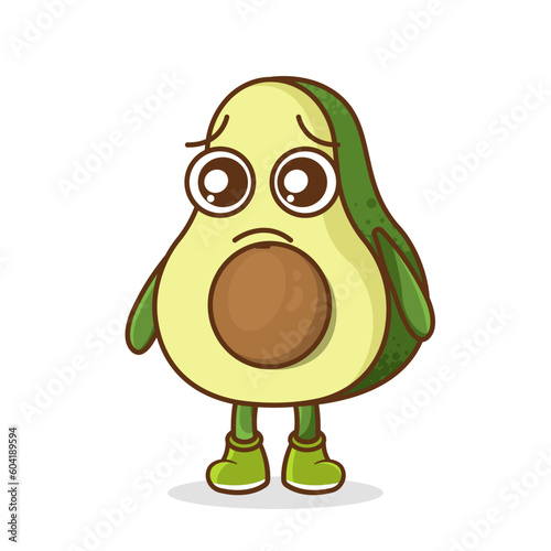 Cute sad avocado fruit character, avocado character with sad emotion, face, depressive eyes