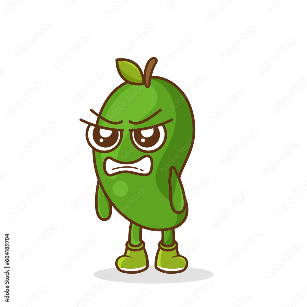 Fototapeta premium cute green mango character with angry expression, mouth wide open. suitable for emoticon, logo, mascot, sticker