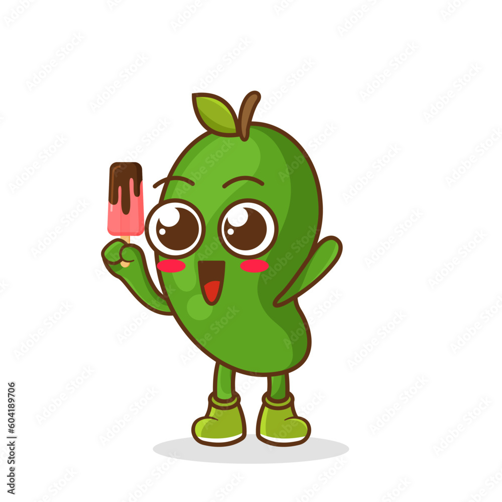 Cute smiling cartoon style green mango fruit character holding in hand ice cream, popsicle. Cute smiling cartoon style green mango fruit character holding in hand ice cream, popsicle.